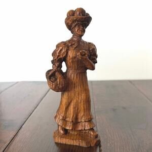 Vintage Wooden Figurine Woman Holding Basket of Apples Rustic Hand-Carved Style